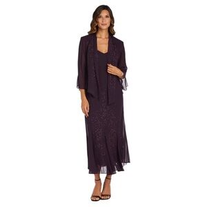 NEW R & M RICHARDS Beaded Slip Jacket Dress in Eggplant‎ Purple Chiffon Size 12